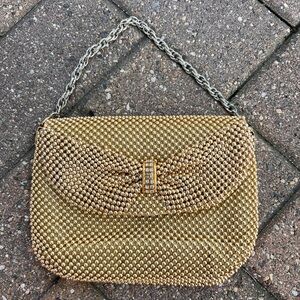 Bueno Gold Beaded Clutch with Chain Strap